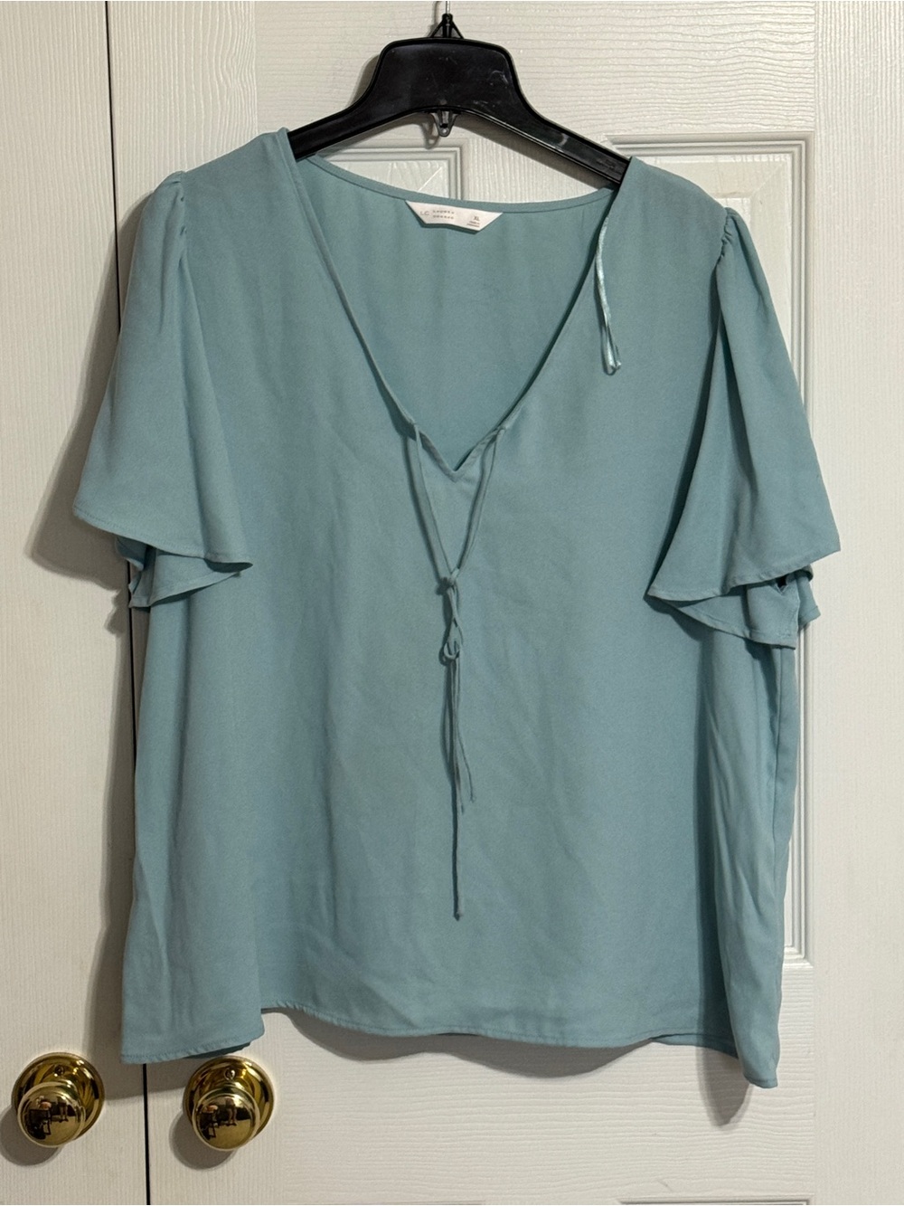 LC Lauren Conrad Dusty Blue V-Neck Tie Flutter Sleeve Blouse